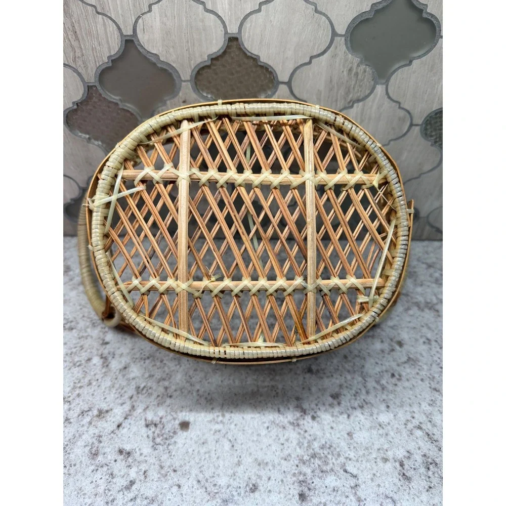 Vintage Wicker Basket Oval Open Weave Lattice Rattan Style Double Handle Brown